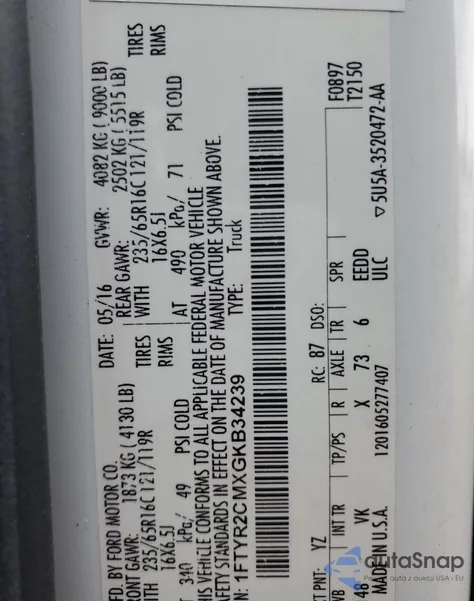 2016 Ford Transit T-250 из США, поврежденный, VIN 1FTYR2CMXGKB34239